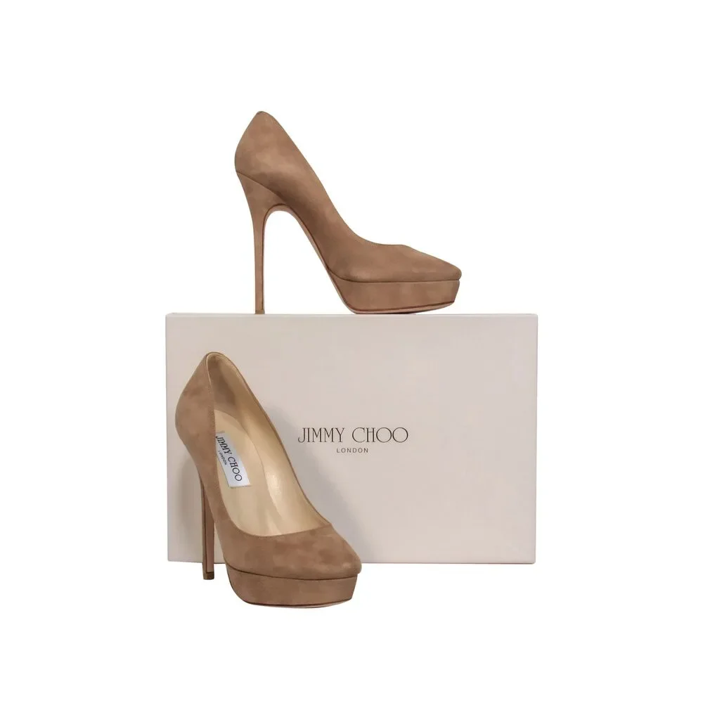 Jimmy Choo - Nude Suede Rounded Toe Platform Pumps Sz 6